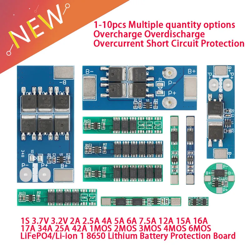 1S 3.7V 3A 4A 7.5A 10A 12A 16A 24A 3.2V 1MOS 2MOS 3MOS 4MOS 6MOS LiFePO4/Li-ion BMS PCM 18650 Lithium Battery Protection Board