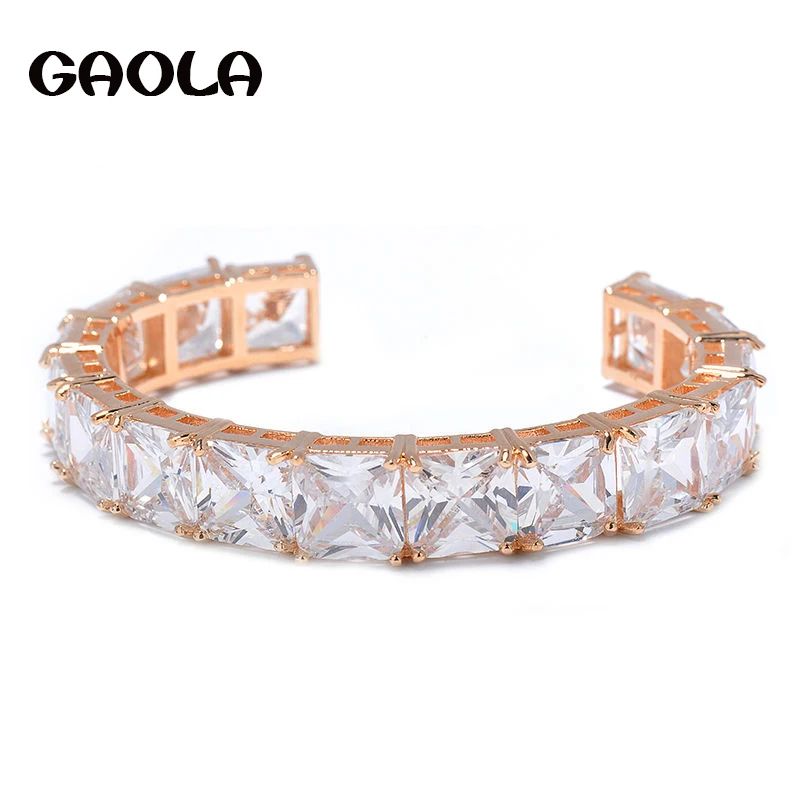 

Top Quality Brand Jewelry Hot Trendy Style Gold Color Big AAA Square CZ Crystal Bracelets Bangles for Party Gift GLS0565