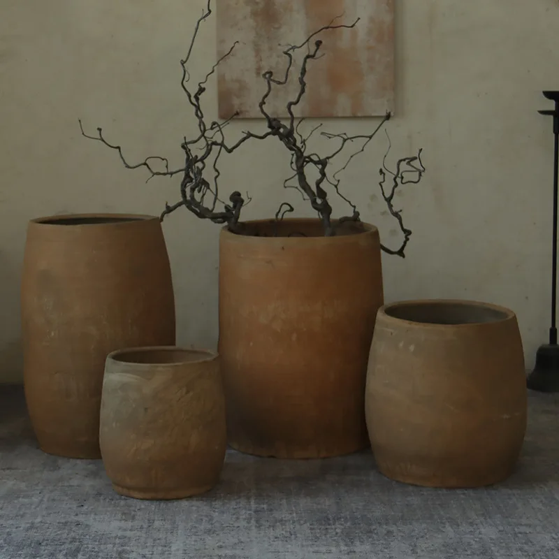In Stock Handmade Cylindrical Earthenware Pot, Retro Floor Vase for Landscape