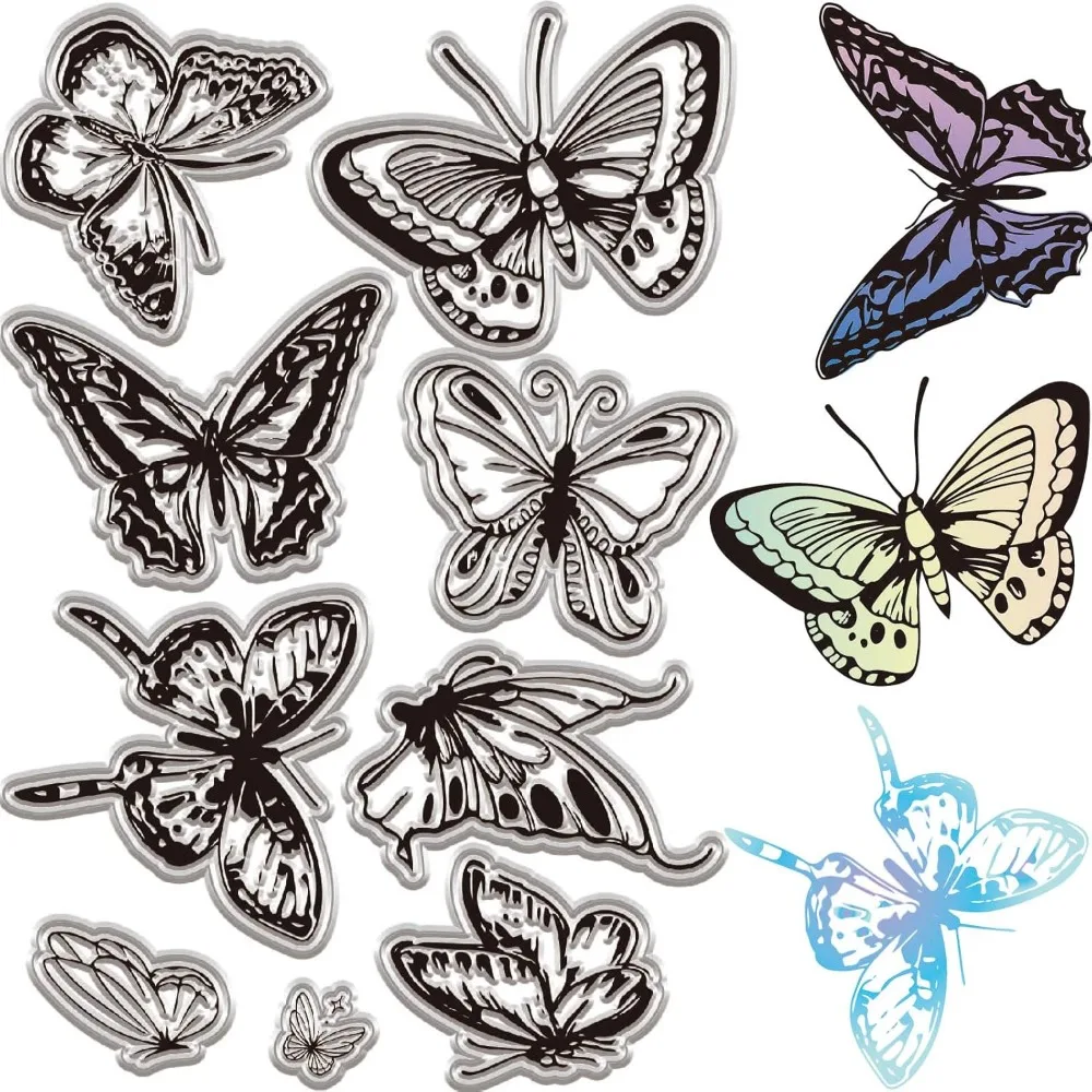 1Sheet Butterfly Clear Stamps Rubber Stamps Transparent Vintage Stamp Reusable Insect Silicone Seals for Holiday DIY Crafting