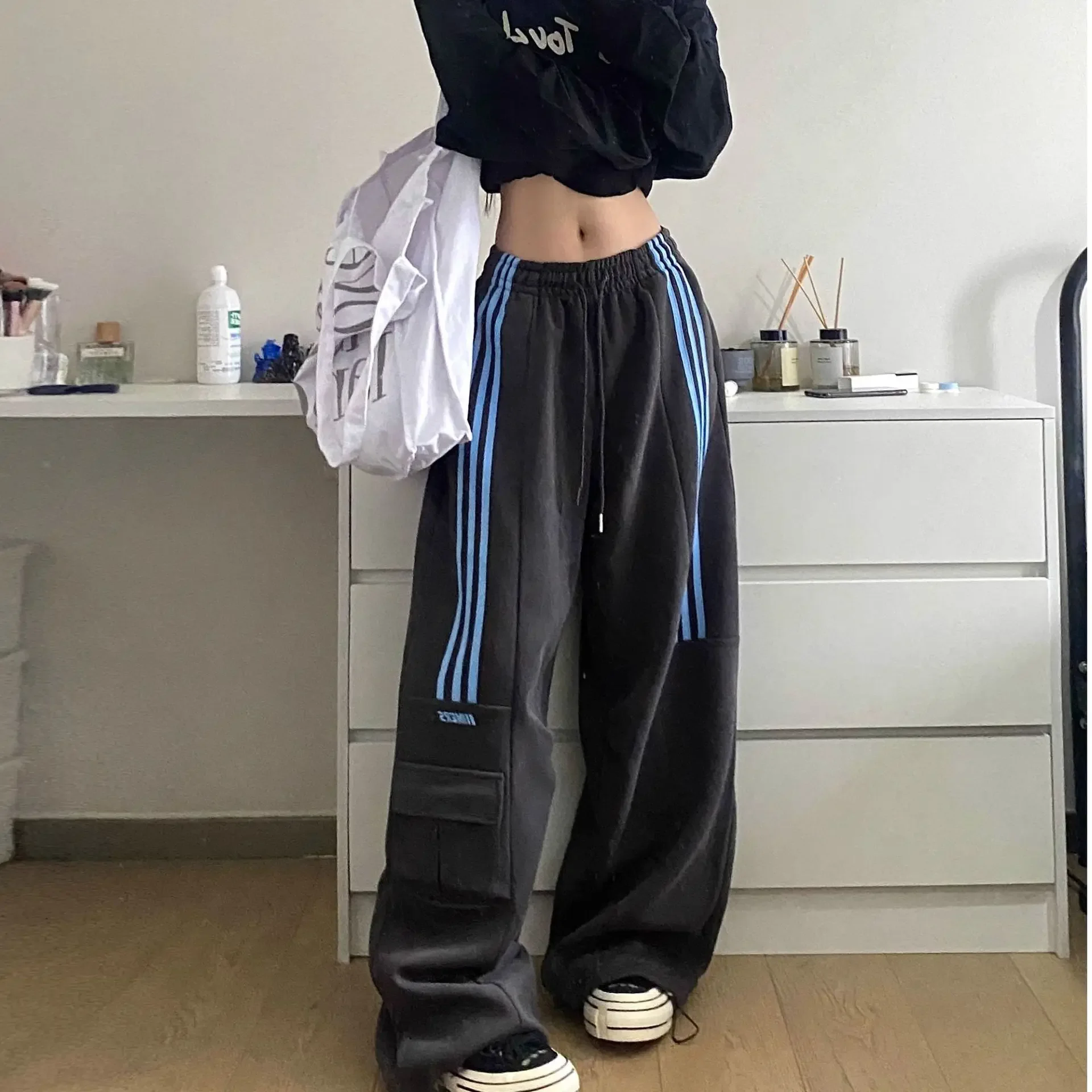 Women's High-Waisted Straight-Leg Casual Cargo Pants Autumn Petite Size American Style Three-Stripe Sporty Casual Pants