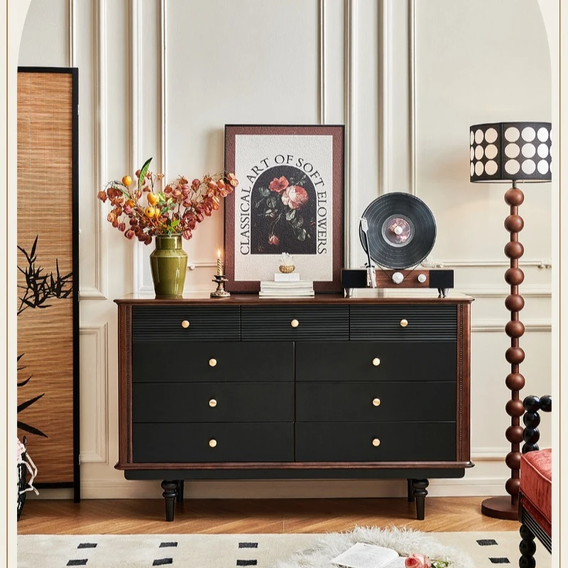 

French antique black solid wood nine-chest cabinet, living room against the wall bucket cabinet, bedroom storage locker