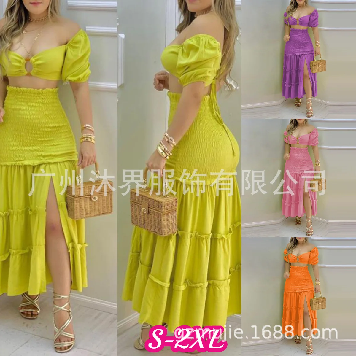 

Commuting Style 2025 Fashion Holiday Floral Print O Neck Crop Top Shirr Slit High Waist Women Maxi Skirt Casual Sexy Sets