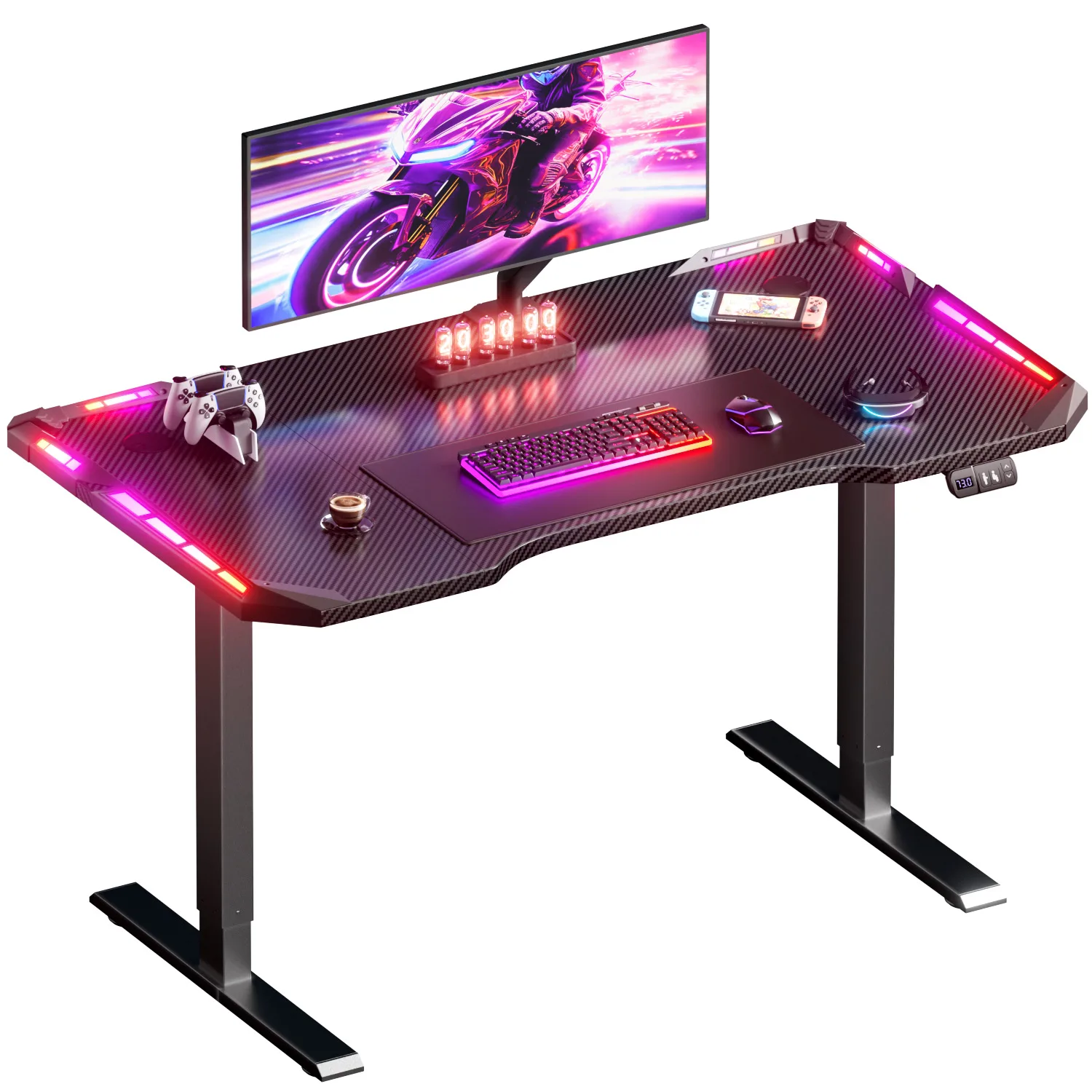 FRODROVIA 47/55/63 inch Electric Height Adjustable Table, Ergonomic Gaming Desk with LED Lights, Carbon Fiber Desktop for Home Office