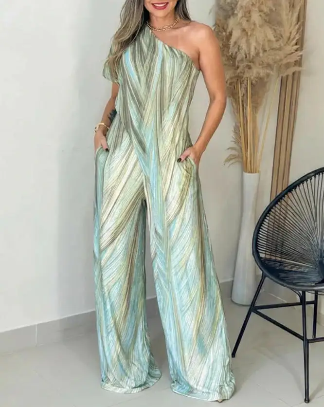 

2026 Spring/summer New Women's Color Block Print One-Shoulder Short-Sleeve Casual Asymmetrical Jumpsuit