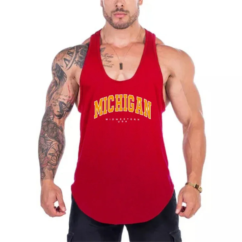 Michigan Midwestern USA Print Gym Clothing Mesh Fitness Tank Top Men Bodybuilding Sleeveless Shirt Y-Back Workout Stringer Vests