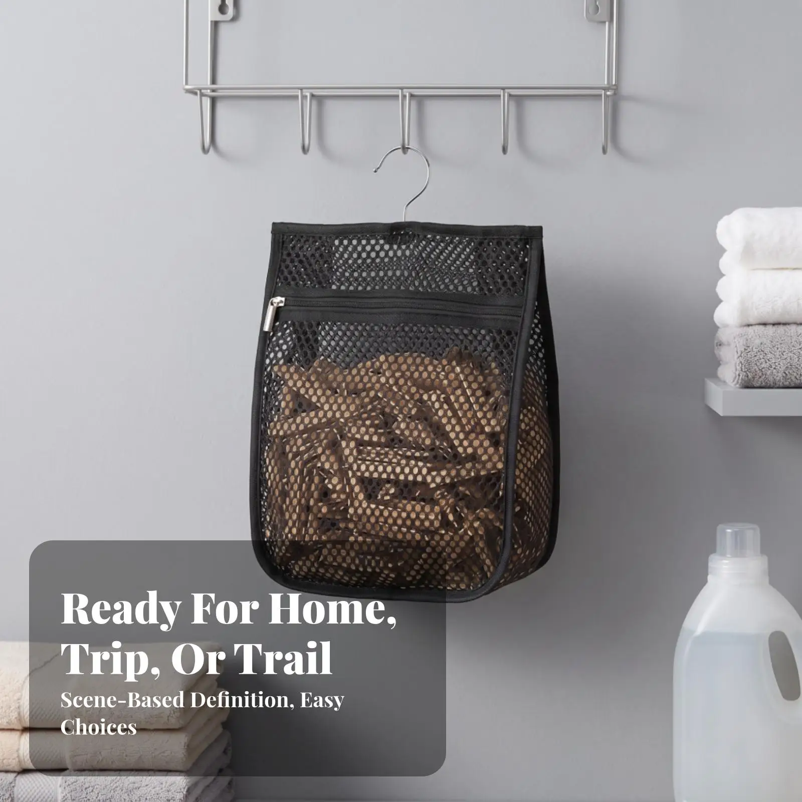 Hanging Laundry Organizer Mesh Closet Storage Bag with Metal Hook for Small Items Secure Zippered Pocket
