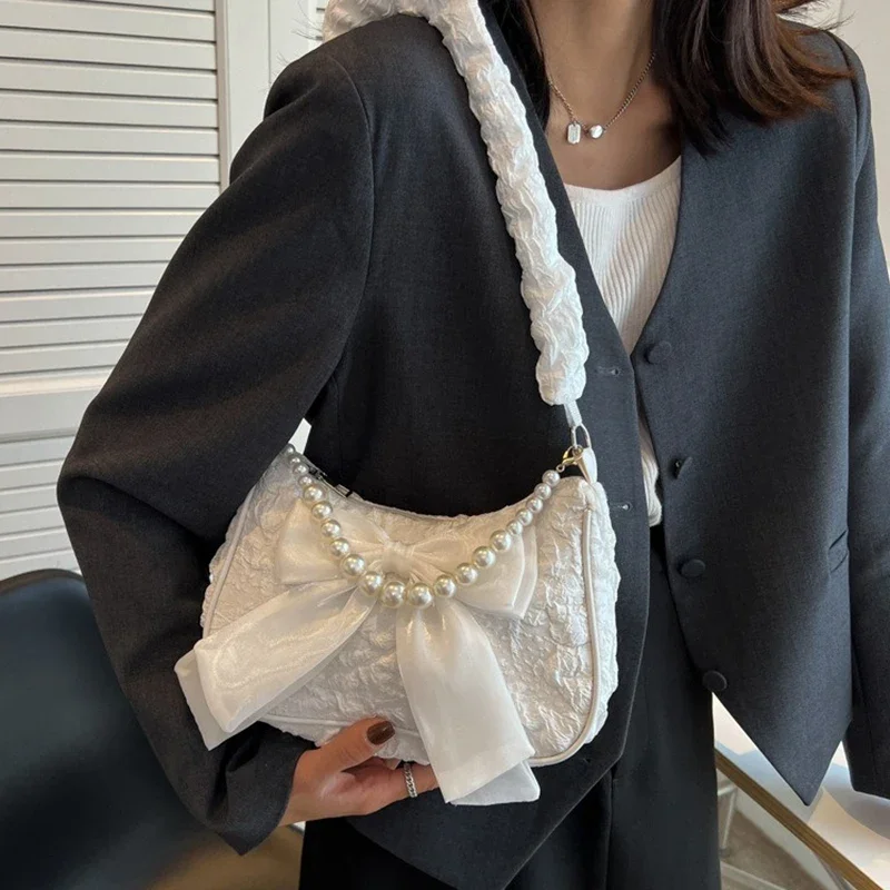 

White Pleated Pearl Female Bag Vintage Luxury Designer Handbag Cute Bow Shoulder Bag