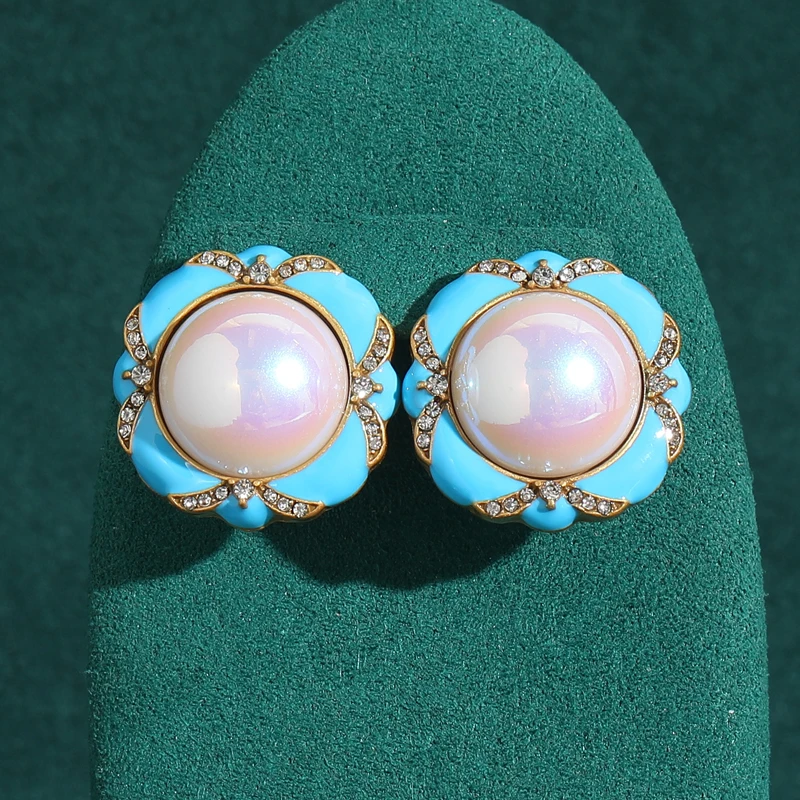 

Vintage Large Round Pearl Stud Earrings for Woman Blue Enamel Jewelry High Quality Luxury Designer Brand Gold Color Mother Gifts