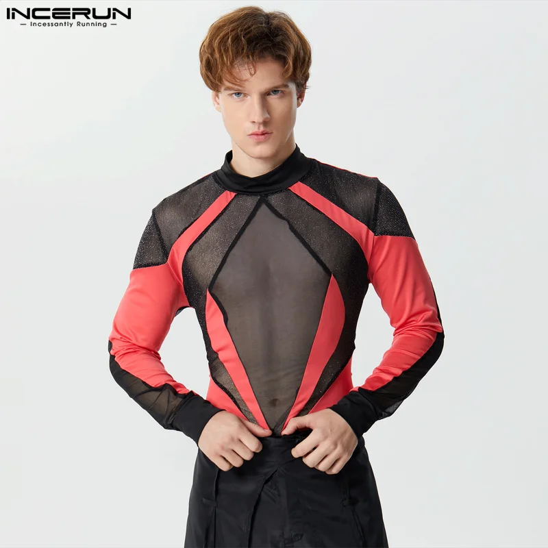 INCERUN 2024 Sexy Style Combinaisons Nouveau Hommes Mode Maille Grand Diamant Patchwork Barboteuses Casual Mince À Manches sulfCostumes De Batterie