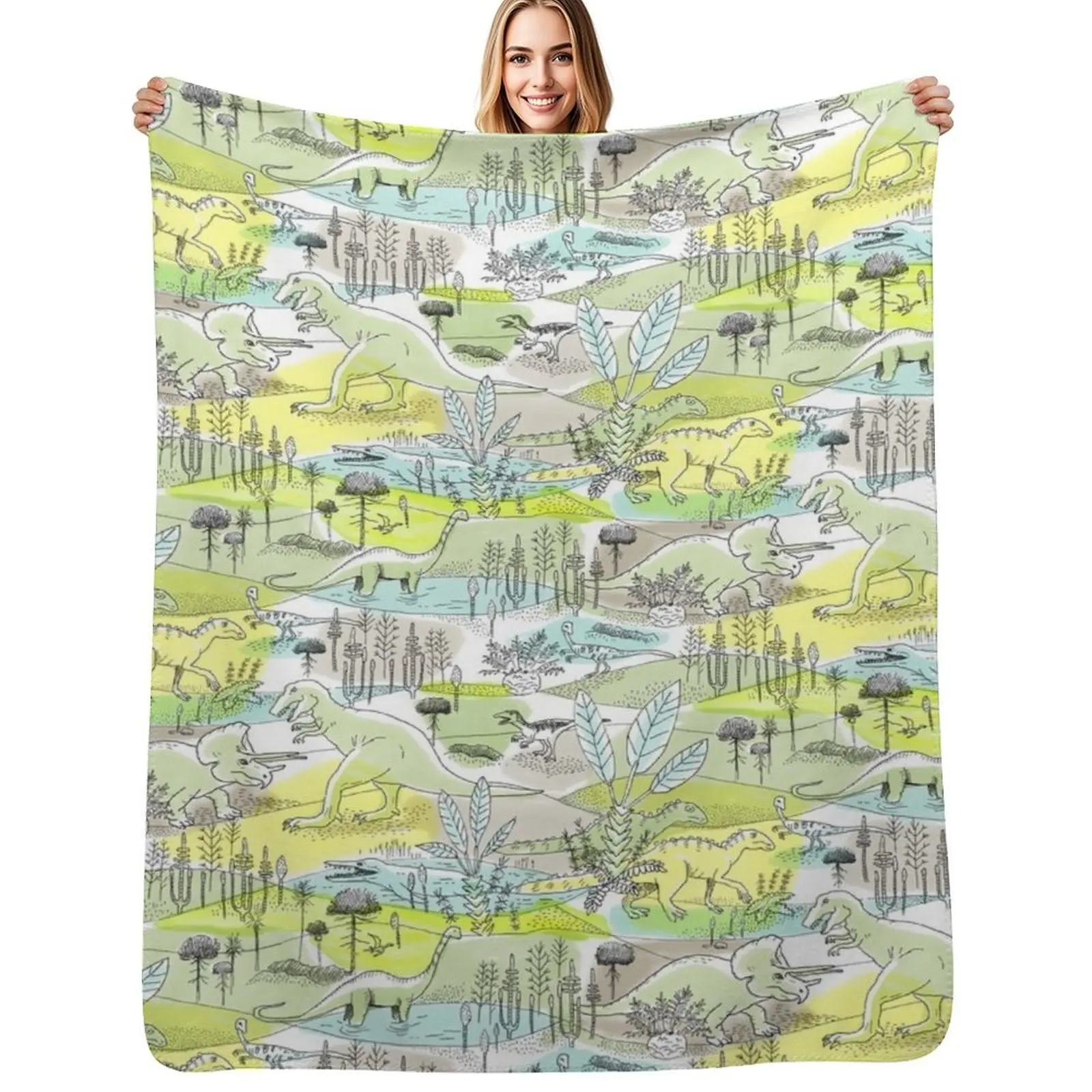 Dinosaurs in a Prehistoric Jungle with Tyrannosaurus Rex and Triceratops Throw Blanket Moving Flannels Bed Fashionable Blankets