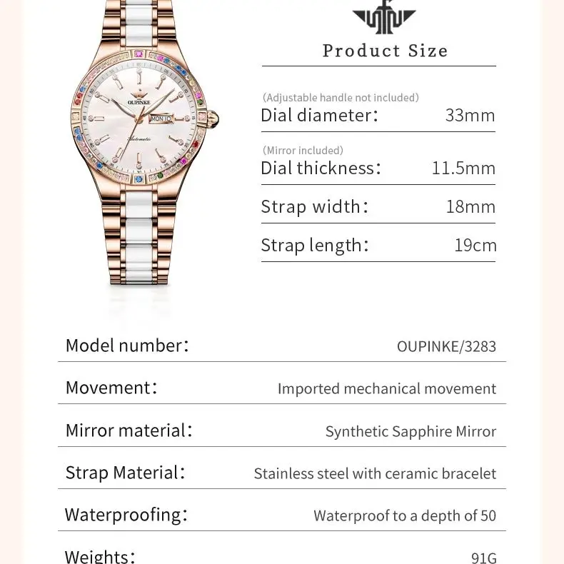 OUPINKE Colored Diamond Women\'s Watches Luxury Imported Movement Automatic Wtch Luminous Scale 2024 NEW Lady Wristwatches