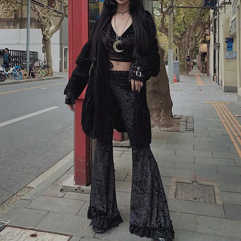 

2025 Lace Spliced High-Waisted Slim Fit Flare Pants, Gothic Dark Fashion Hot Girl Versatile Straight Casual Pants for Women