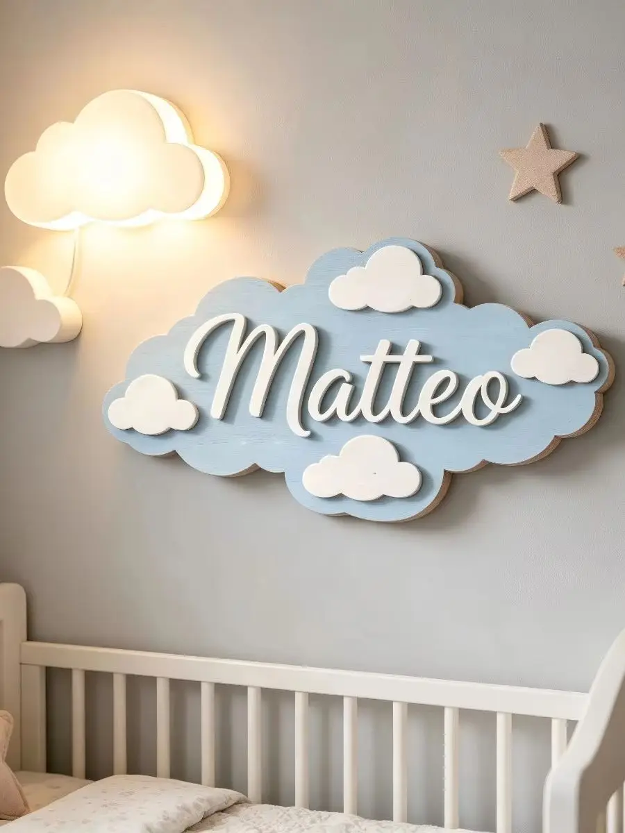 Personalized Cloud Wooden Name Sign, Custom 3D Name Plaque with Stand, Blue & White Cloud Shaped Wood Sign for Baby Nursery Deco