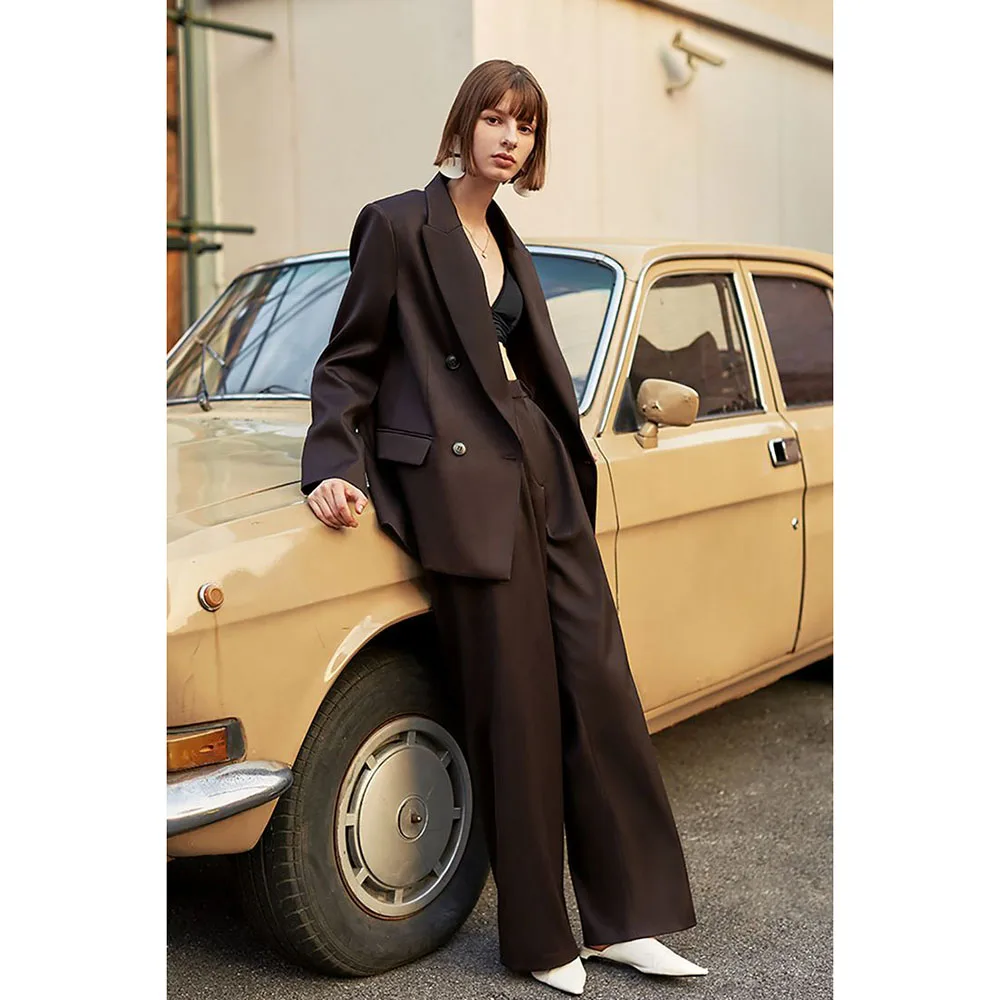 Pretty Cool Black Women's Suits Double Breasted Two Pieces Jacket Pants Female Clothing Smart Banquet Office Lady Blazers Sets