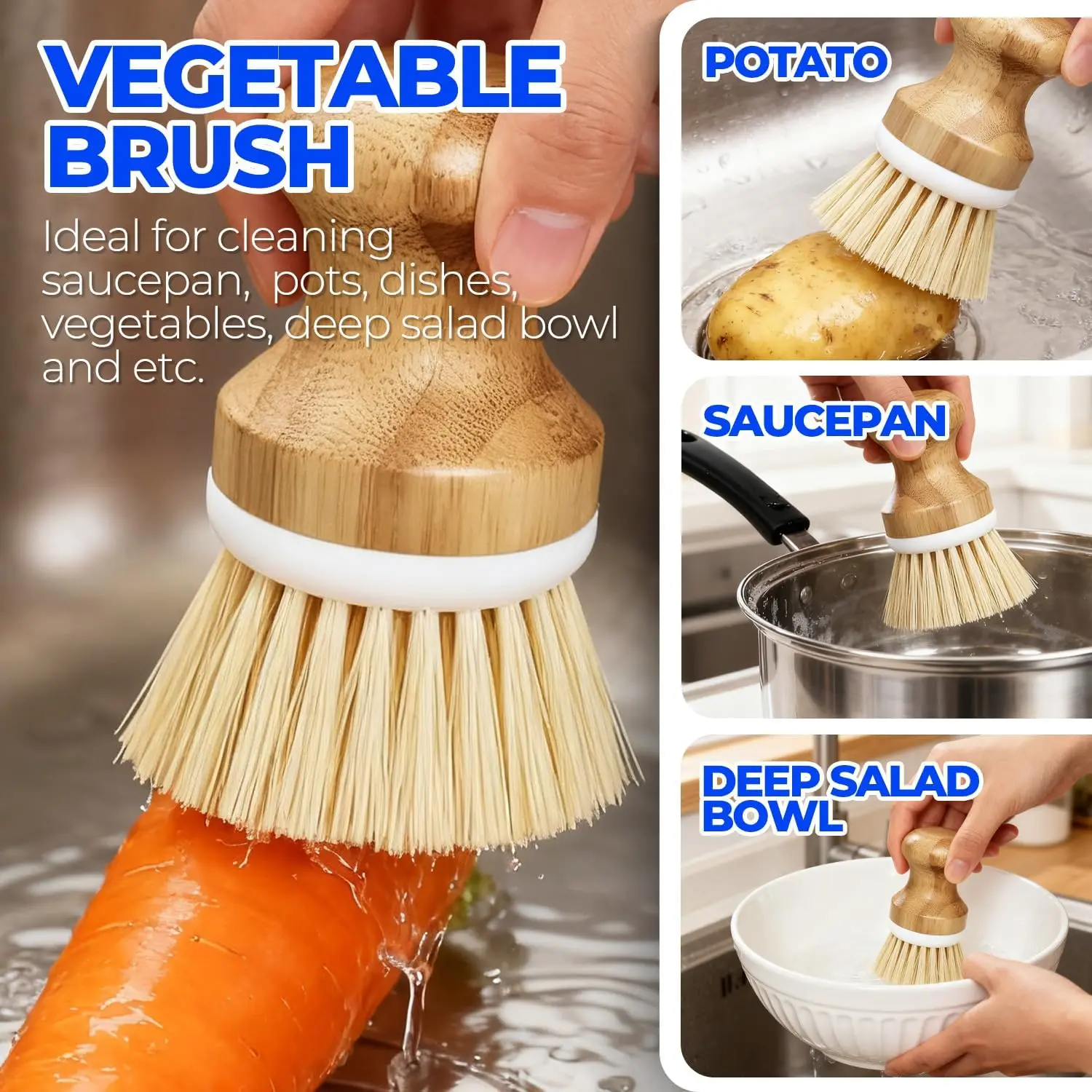 6 Pack Dish Brush with Bottle Brush Scrub Brush Straw,Yellow | Dish Brush, Palm Scrub Brush and Straw Brush, Dish Scrubber Long