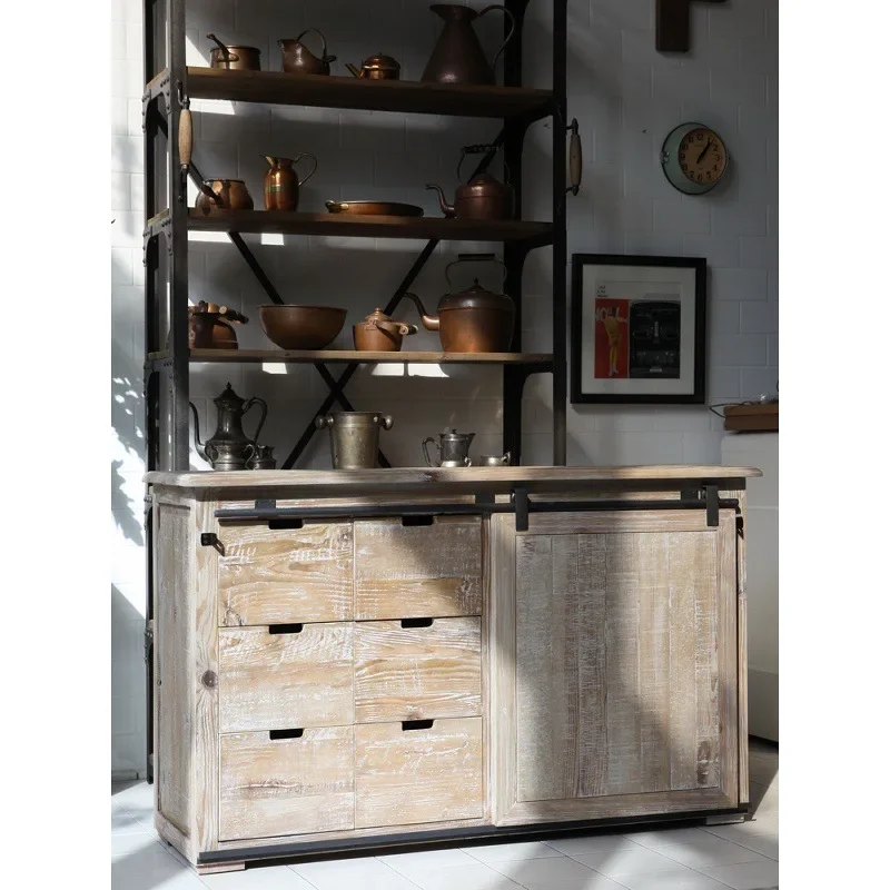 French country wabi style dining side cabinet old pine wood weathered ash old sliding door barn door