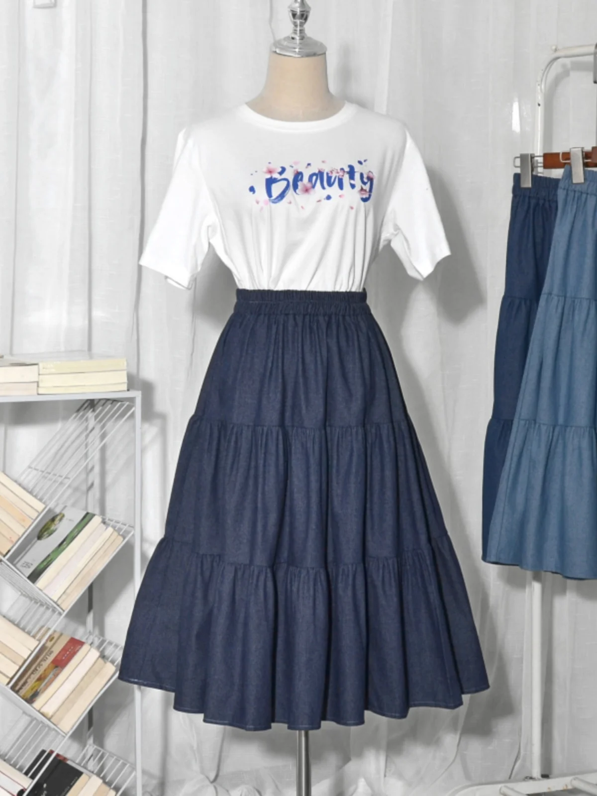 Falda Vaquera de Verano con Estampado de Pastel, Falda Midi en Línea A para Mujer, Retro, Cintura Elástica, Adeazante, Tall...