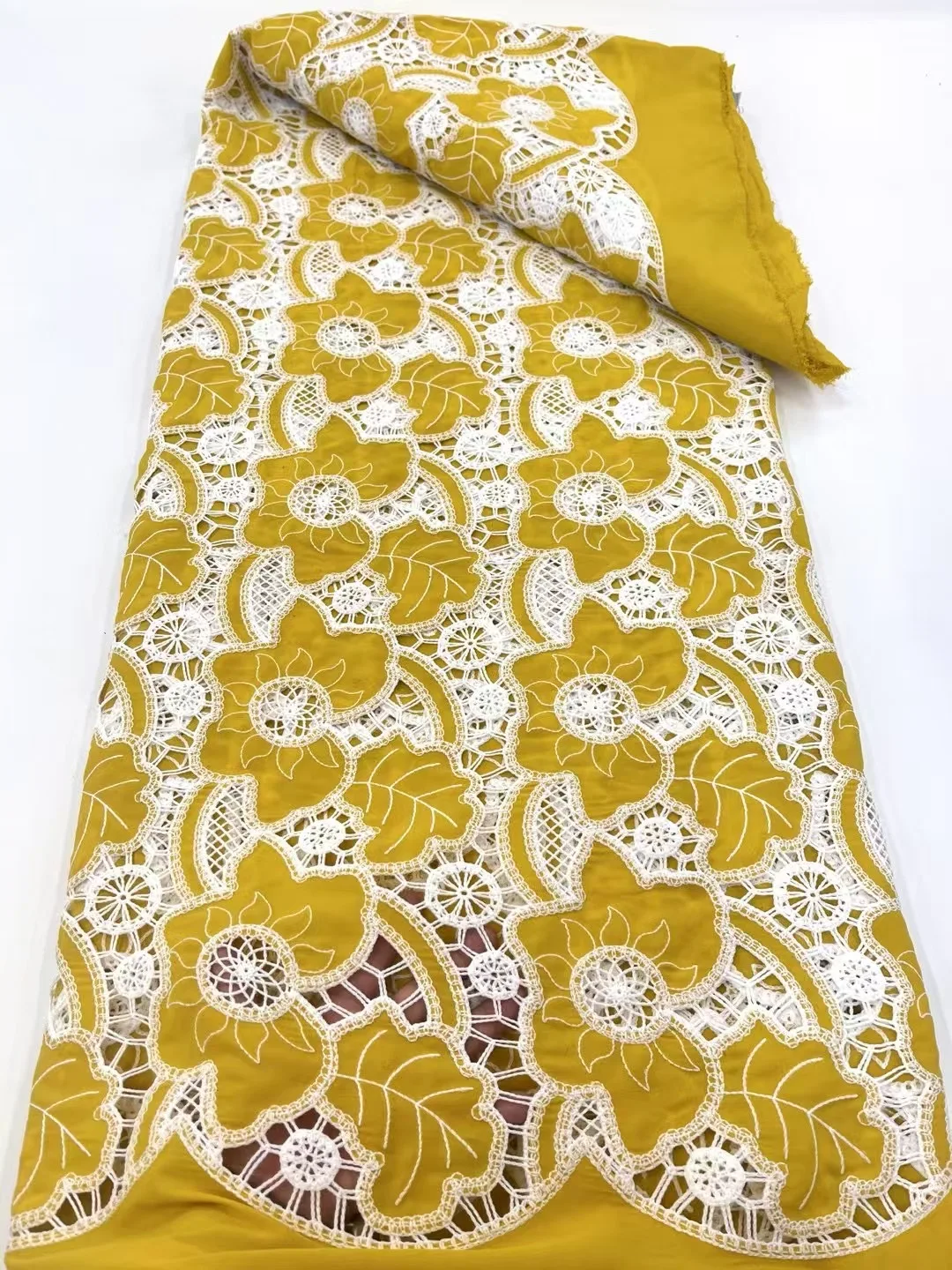 2025 Latest Yellow Lace Fabric Embroidery African Chiffon Cotton Lace Fabric High Quality French Lace For Party Dress 5Y W377-1