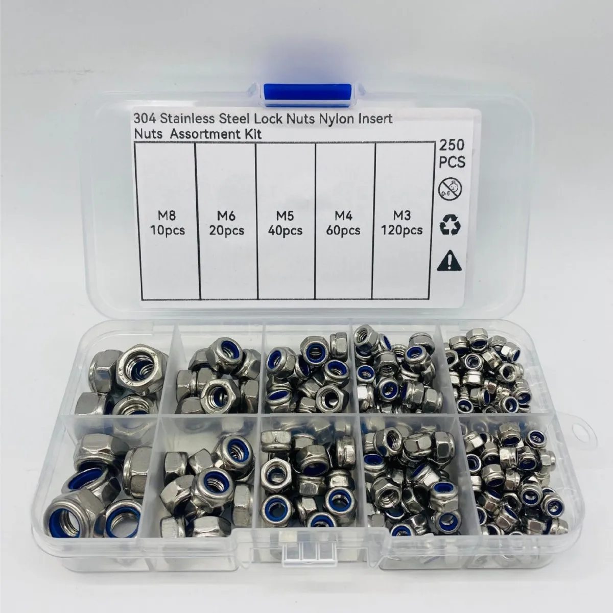 235 250Pcs Stainless Steel Nylon Lock Nut Kit Metric Size M3 To M12 Assortment