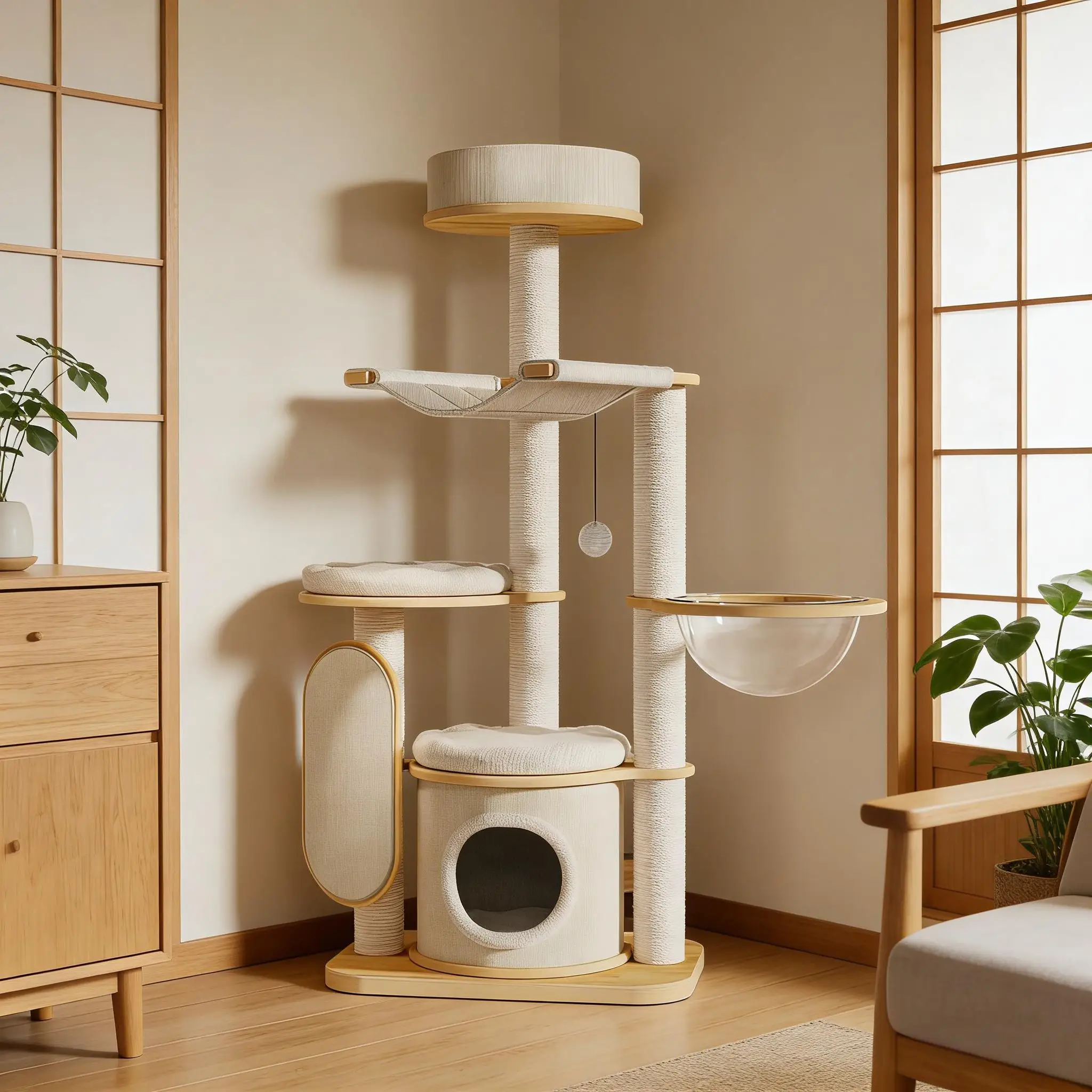 Modern Luxury Play & Sleep Station For Cats Eco-Friendly Wood Cat Tree Carton Packaging Large Cat Climbing For All Cat Sizes
