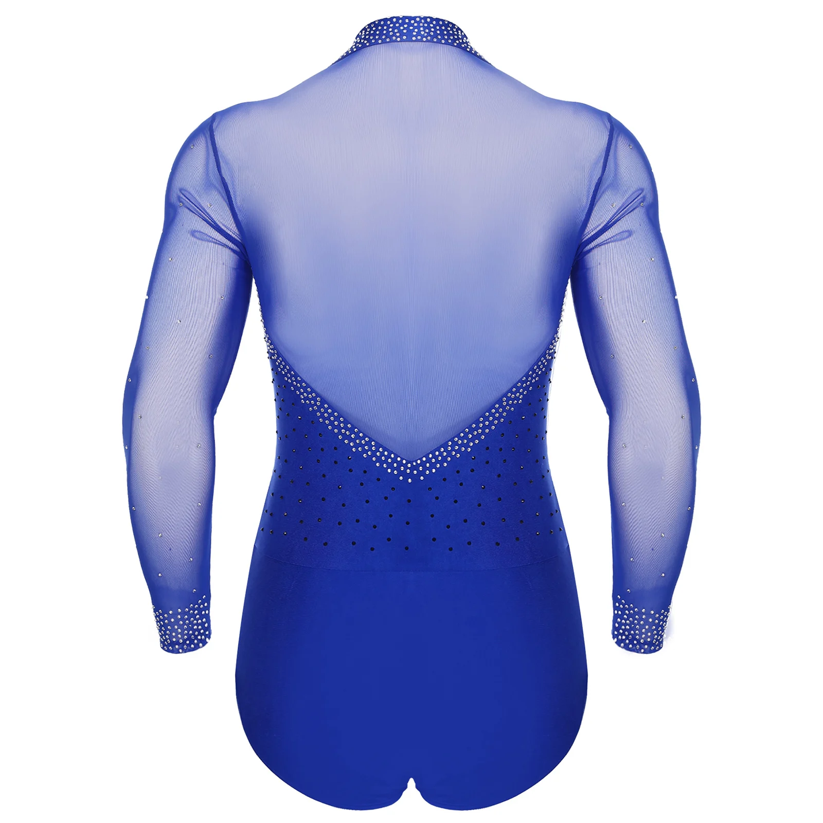 Men Latin Tango Dance Leotard Ballroom Rumba Cha-cha Dancewear Long Sleeve Sheer Mesh Rhinestone Bodysuit Performance Costume