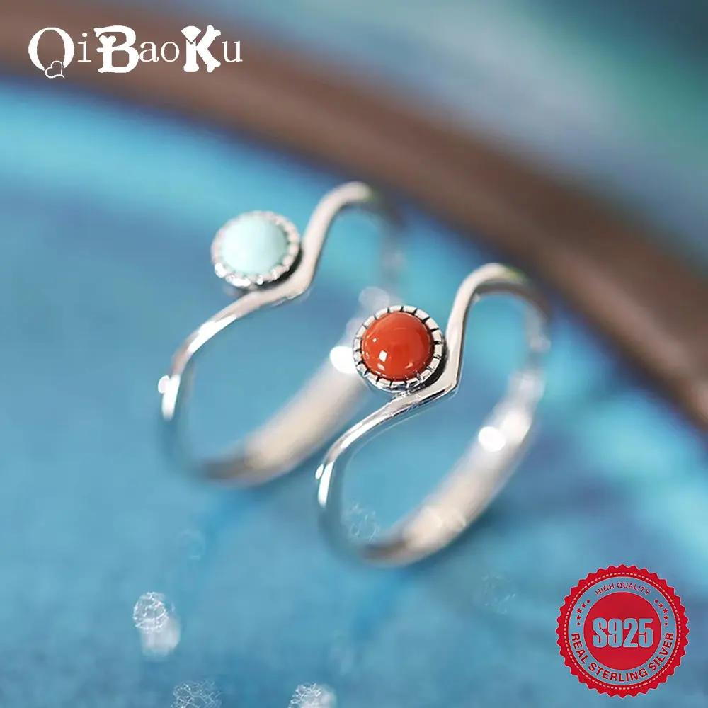 

QIBAOKU New V-shaped Ring for Women 925 Silver Turquoise Fashion Party Wedding Ring Festival Gift Adjustable Size