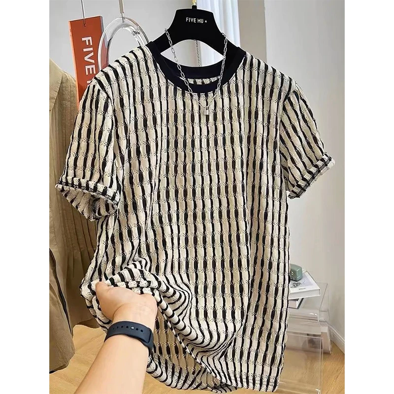 Korean Fashion Summer T-Shirts Men's O-neck Panelled Hollow Out Jacquard Weave Temperament Casual Loose Short Sleeved Knit Tops