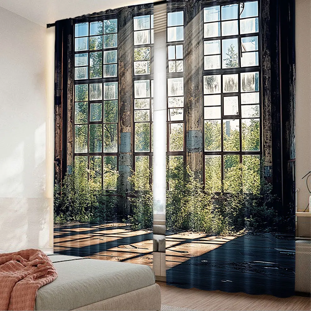 

2Pcs Industrial Curtains Industrial Interior With Tall Old Windows Ruins Hallway Station Shadow For Bedroom Living Room And