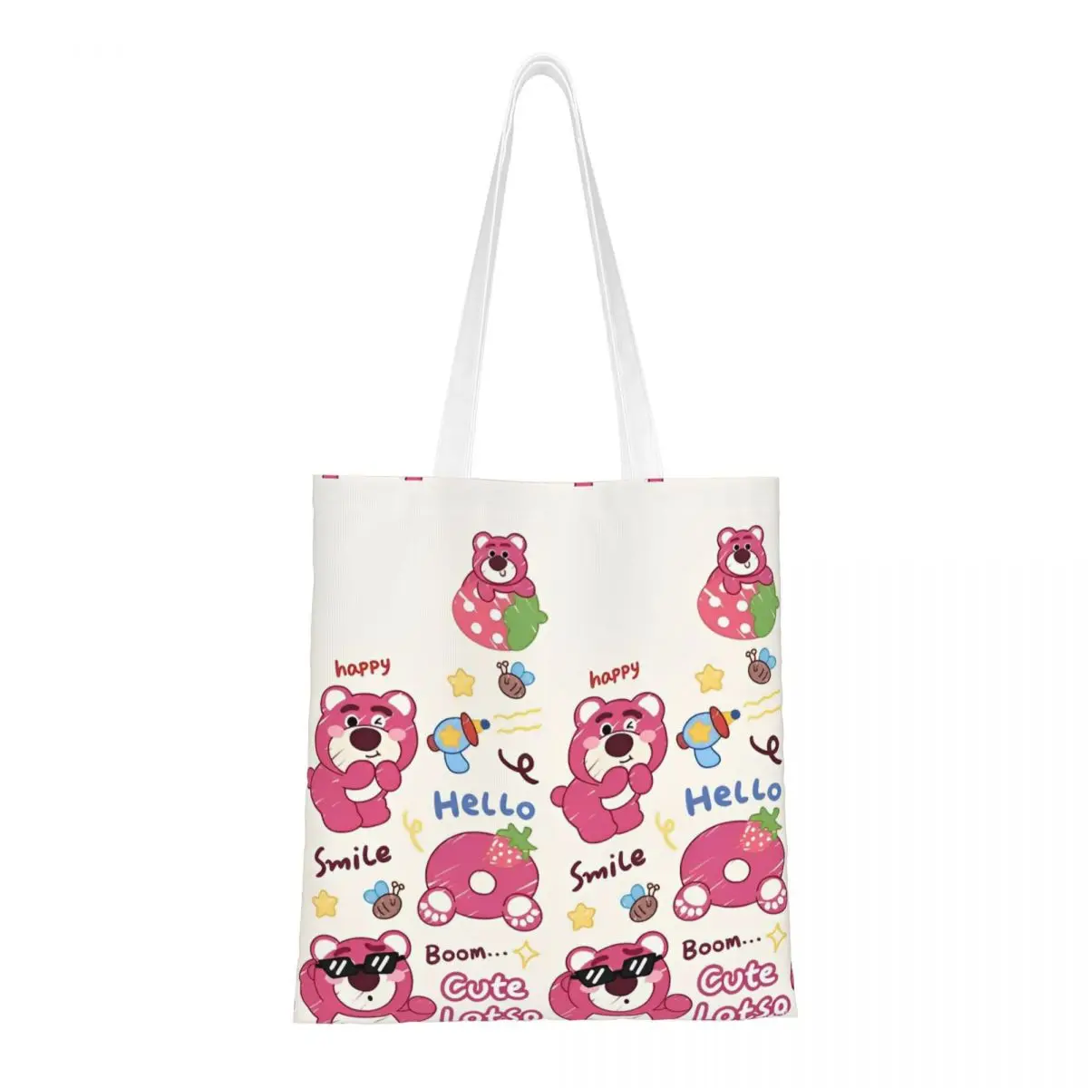 Lotso Strawberry Bear Toy Story Canvas Tote Bag Reusable Large Capacity Lots-o'-Huggin' Bear Shopping Bag for Unisex