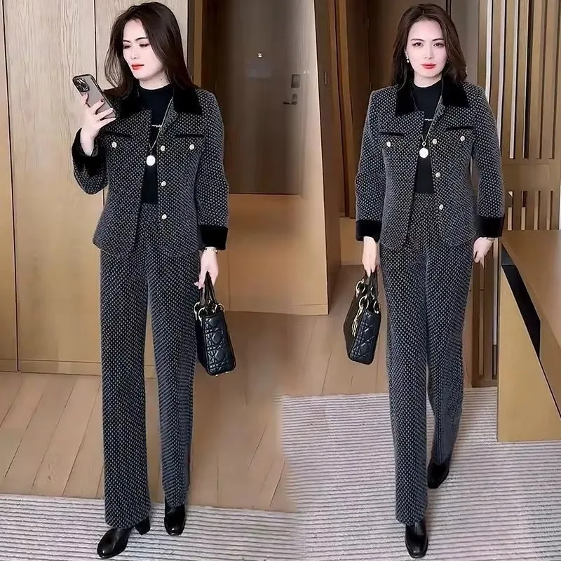 Women Print Pant Sets Elegant Lapel Full Sleeve Jackets Button High Waist Long Pants Straight Elegant Office Lady Autumn Winter