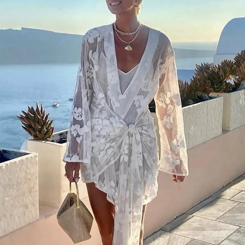 Sexy Ladies Deep V Long Sleeved Mini Dress Casual Women Lace Up Draped Short Dress 2025 New White Lace Printed Beach Cover Dress