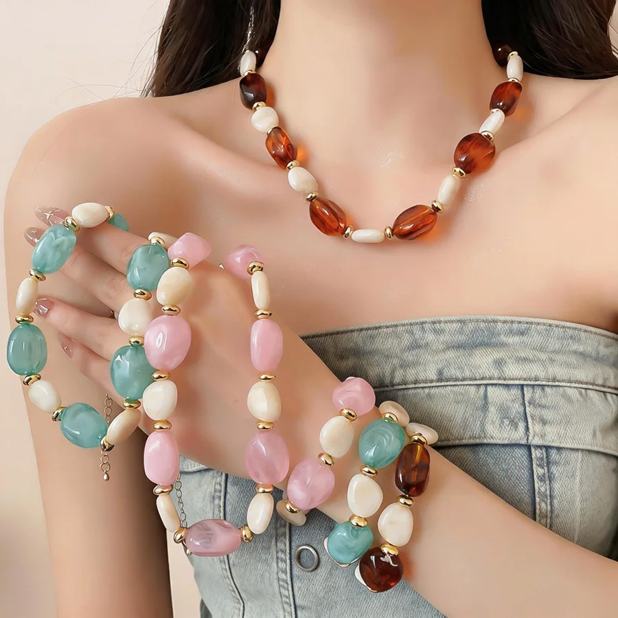 Irregular Smudging Resin Beads Bracelets Color-block Strand Link Chain Bangle for Women Vintage Pastel Boho Wrist Jewelry M