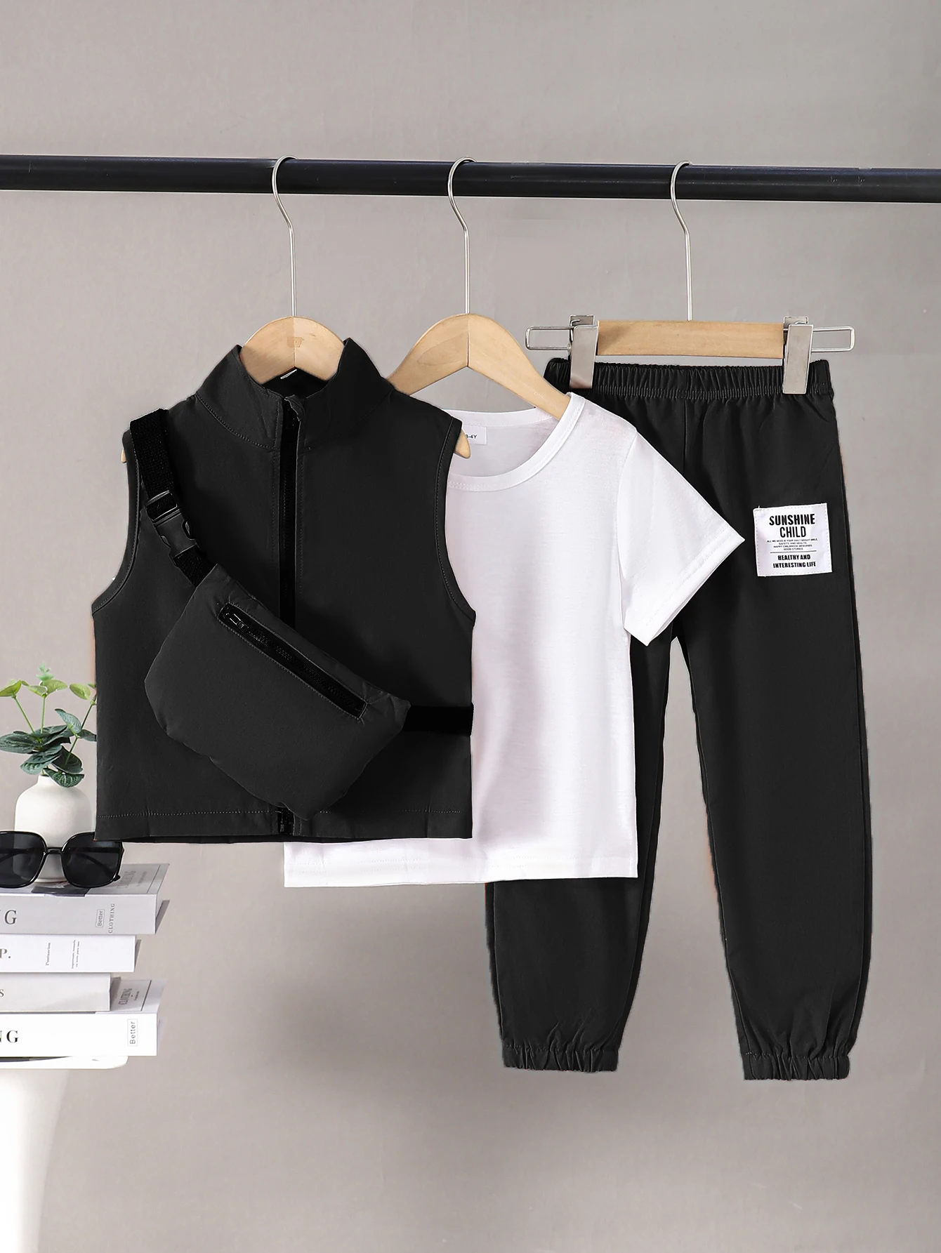 Boys 4PCS Casual Workwear Set: White Round Neck Tee + Sleeveless Vest Jacket + Pants + Crossbody Bag, Stylish Streetwear Outfit