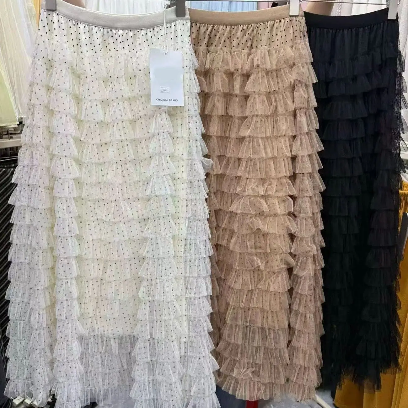 Women's High Waist Layered Skirt Spring Summer Polka Dot Cake Skirt Flared Pleated Midi Dress Long Dress Casual Style