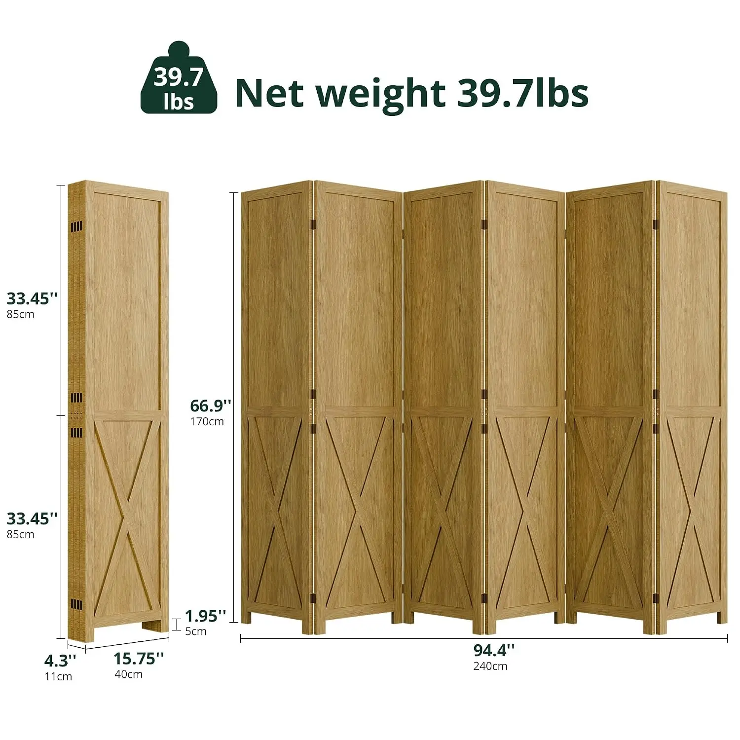 6 Panel Folding Room Divider Solid Wood Privacy Screen Freestanding Partition Temporary Wall for Home Office Bedroom Restaurant,