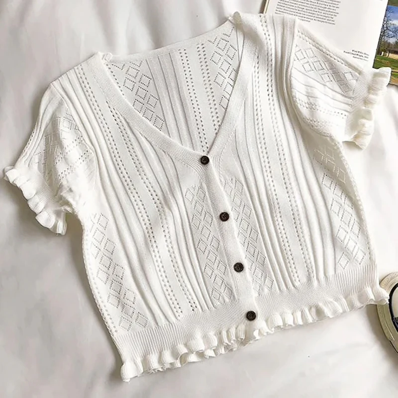 Button Up Frilly Knit Crop Top Cardigan manica corta Top estate donna Teen-girl Y2K Outfit estetico