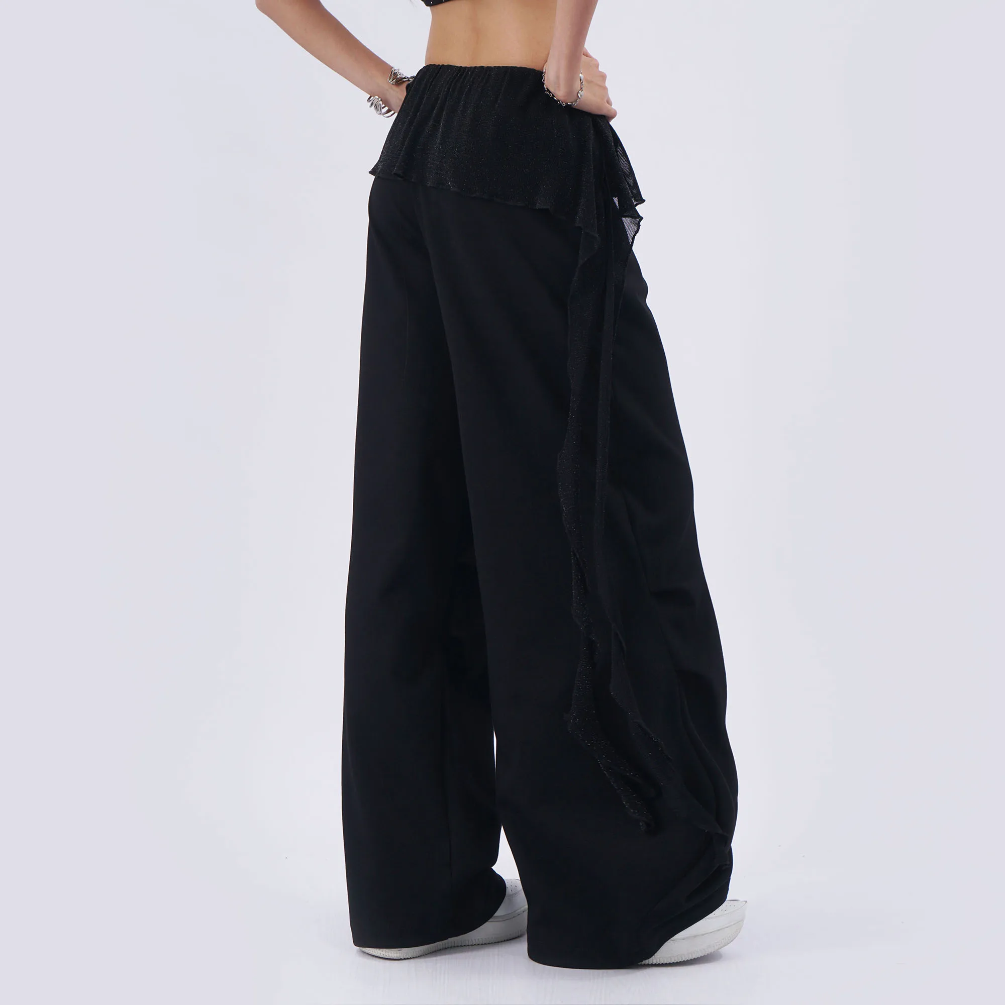 Black Wide Leg Pants Women's Lace Blouse Side Hanging Sash Casual Trousers High Waist Cotton Blend Comfortable Summer Pants