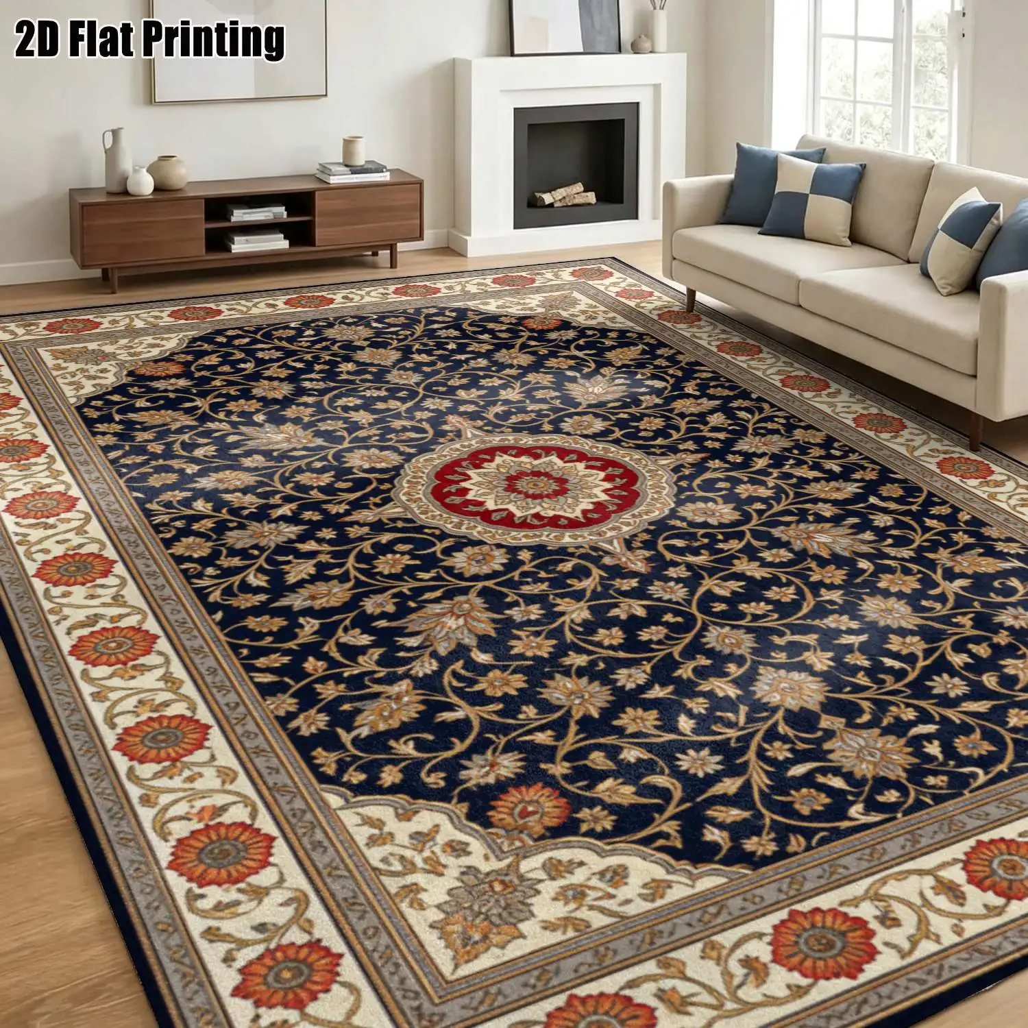 1Pc 2D Printed Carpet: Dark Blue Floral & Geometric Patterns, European/Vintage/Bohemian Style, Home Decor, Multiple Sizes, Machine Washable, for Entryway, Dining Room, Foyer, Bedroom, Living Room