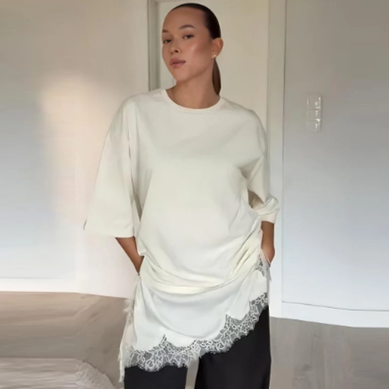 HXAO Spitze Übergroßes T-Shirt Sommer Herbst Weibliche Y2K Off White Kurzarm Top Frauen Plus Größe Lange T-Shirt Chic Streetwear Top