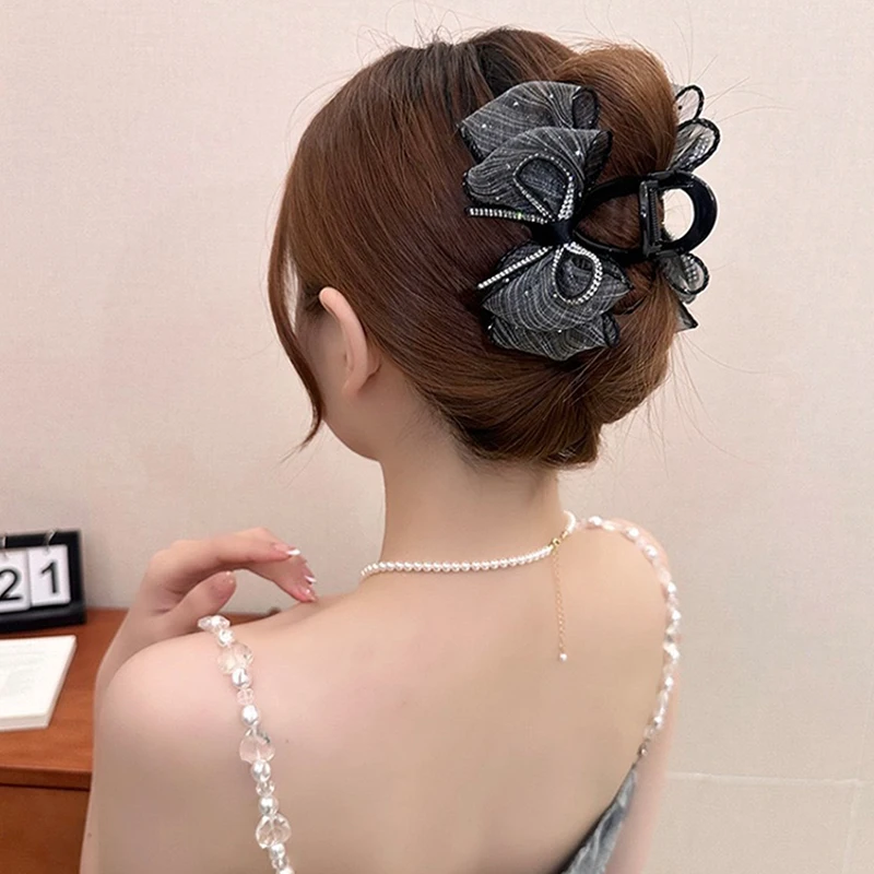 Korean Bowknot Polka Dot Mesh Claw Hair Clip Hair Claw Rhinestone Shark Clip Hairpin Woman Party Hair Accessories