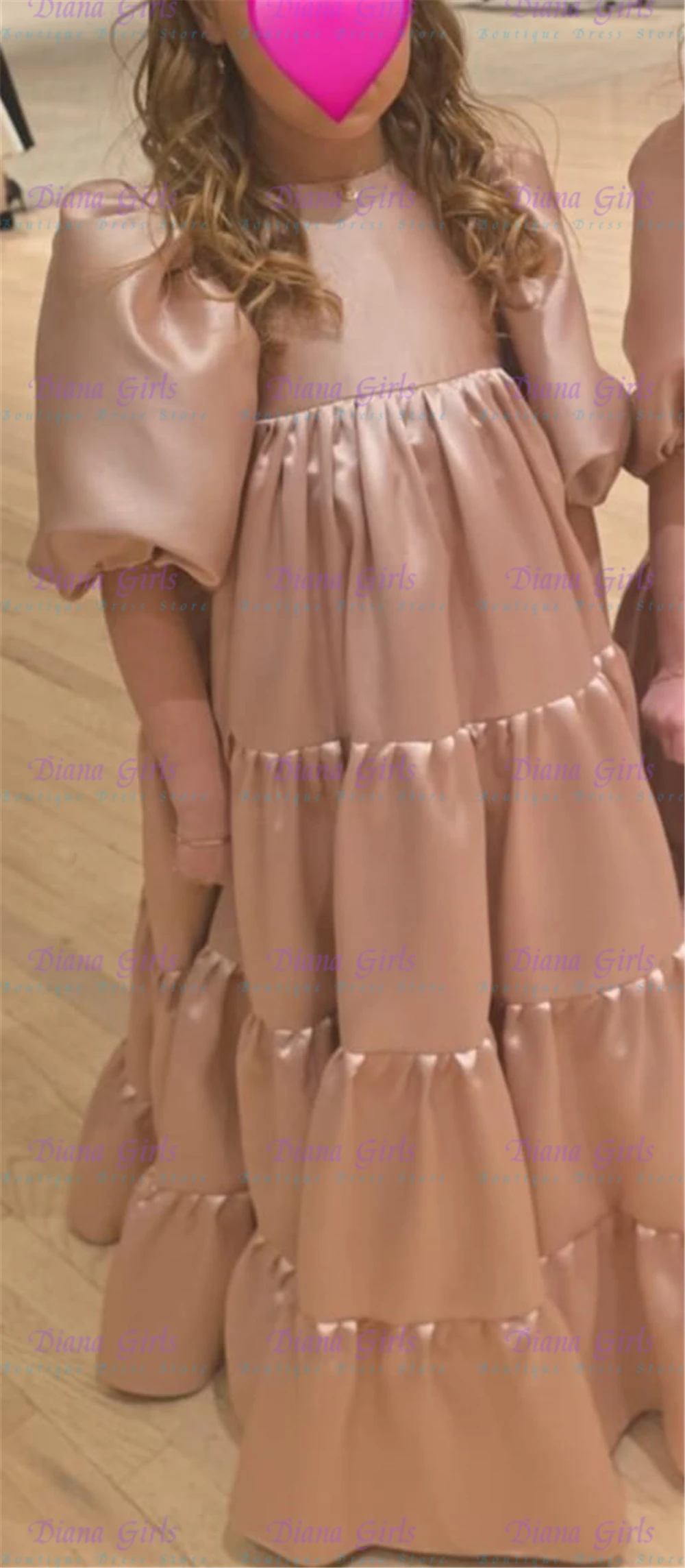 

Quality Flower Girl Dress Pink Satin Fluffy for Little Princess Wedding Birthday Party Evening Communion Gowns Customizable