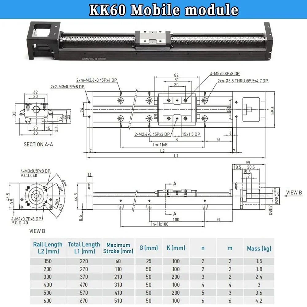 High Precision Ball Screw Sliding table KK60 Linear Moving Module 60mm-510mm Stroke Repeatability ± 0.01 Industrial Robot Guide