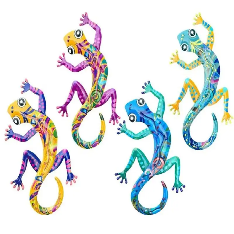 A67P-Lizard Wall Art Metal Gecko Outdoor Decor 4 Pieces Gecko Garden Sculptures Crawling Colorful Home Decoration For Indoor