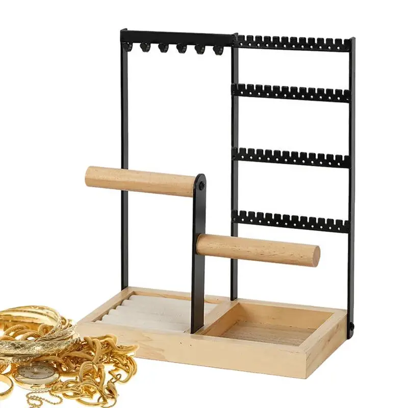 

Earring Holder Organizer 4-Tier Jewelry Holder With Metal Frame Jewelry Stand Teen Room Decor Wooden Base Design Bangle