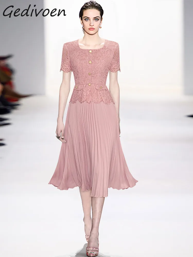 

Gedivoen Fashion Runway Summer Solid Color Vintage Midi Dress Women Square Collar Button Fake Pocket Lace Spliced Pleated Dress
