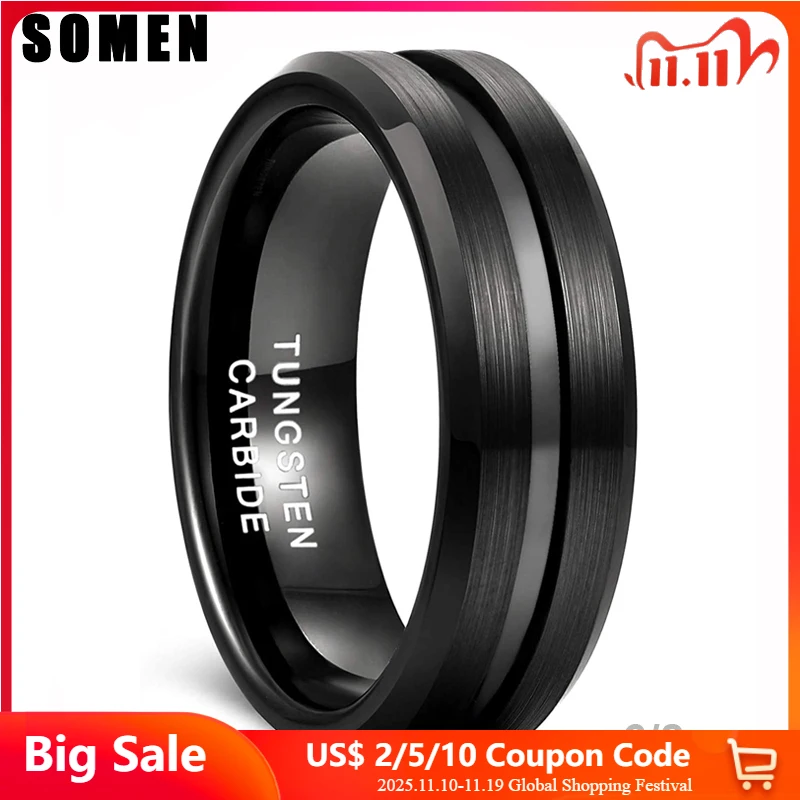 Somen Men Ring Black Tungsten Carbide Ring 6mm 8mm Groove Brushed Wedding Band Male Engagement Rings Anel Masculino Comfort Fit