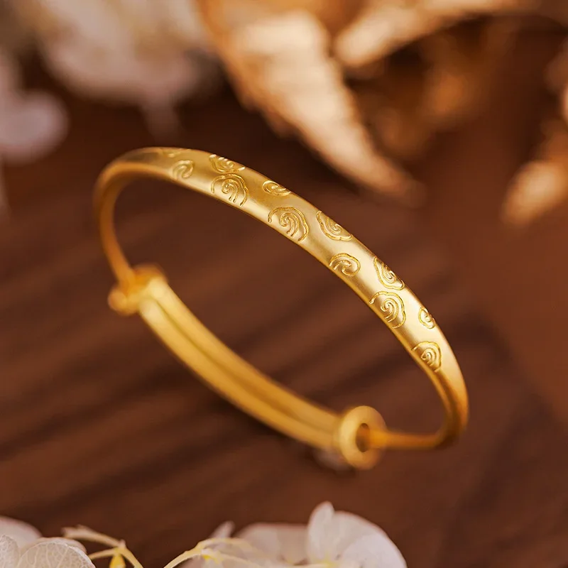 

9999 Real Gold 24K auspicious cloud pattern push-pull bracelet, ethnic style k gold matte texture auspicious cloud bracelet