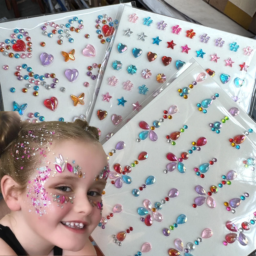 1pcs 5D Colorful Kids Face Diamond Gems Sticker 10*9cm Cute Heart Star Flower Mix Crystal Face Rhinestones Makeup Tattoo Sticker