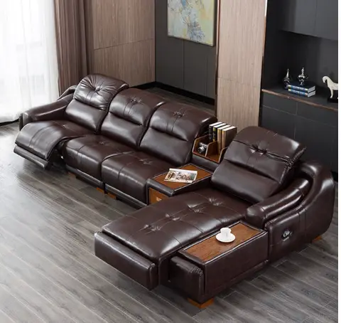Genuine Leather Reclining Sectional Sofa with Chaise Lounge, L-Shaped  Recliner Couch with Storage Console, Cup Holders, Armrest